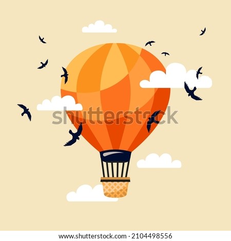 Flying travelling in simple flat style. Colorful baloon or airship. Transportation vector illustration.
