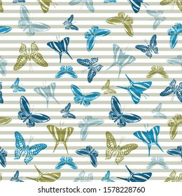Flying trendy butterfly silhouettes over horizontal stripes vector seamless pattern. Childish fashion textile print design. Stripes and butterfly winged insect silhouettes seamless illustration.
