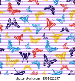 Flying trendy butterfly silhouettes over horizontal stripes vector seamless pattern. Kids fashion textile print design. Lines and butterfly winged insect silhouettes seamless pattern.