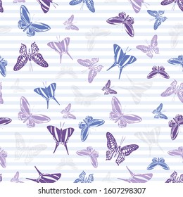 Flying trendy butterfly silhouettes over horizontal stripes vector seamless pattern. Vintage fabric print design. Lines and butterfly winged insect silhouettes seamless design.