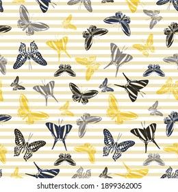 Flying trendy butterfly silhouettes over striped background vector seamless pattern. Cartoon fabric print design. Lines and butterfly winged insect silhouettes seamless wrapping.