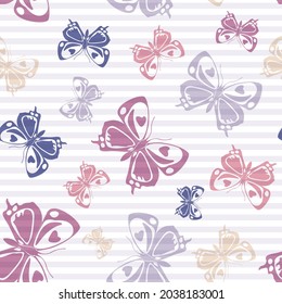 Flying trendy butterfly silhouettes over striped background vector seamless pattern. Childish fashion fabric print design. Lines and butterfly winged insect silhouettes seamless wallpaper.
