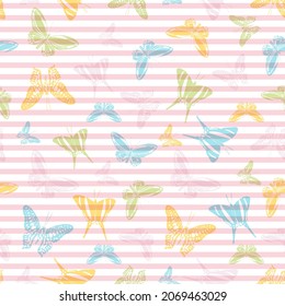 Flying trendy butterfly silhouettes over horizontal stripes vector seamless pattern. Childish fashion fabric print design. Stripes and butterfly winged insect silhouettes seamless illustration.