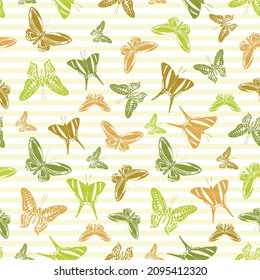 Flying trendy butterfly silhouettes over striped background vector seamless pattern. Girlish fashion fabric print design. Lines and butterfly winged insect silhouettes seamless design.