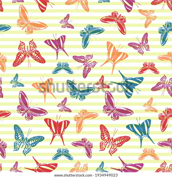 Flying trendy butterfly silhouettes over horizontal stripes vector seamless pattern. Baby clothing textile print design. Stripes and butterfly garden insect silhouettes seamless wrapping.