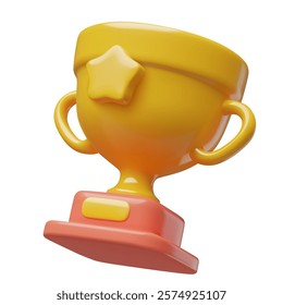 Flying trophy cup with a star 3d realistic icon. Gold winner award three dimensional vector illustration isolated on white background.