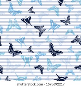 Flying tropical butterfly silhouettes over striped background vector seamless pattern. Childish fashion fabric print design. Lines and butterfly garden insect silhouettes seamless design.