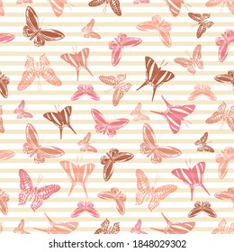 Flying tropical butterfly silhouettes over horizontal stripes vector seamless pattern. Baby clothing textile print design. Lines and butterfly garden insect silhouettes seamless pattern.
