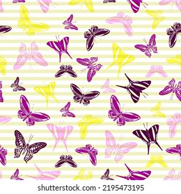 Flying tropical butterfly silhouettes over striped background vector seamless pattern. Cartoon textile print design. Stripes and butterfly garden insect silhouettes seamless illustration.