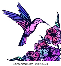 Flying tropical hummingbird on white background with flowers.