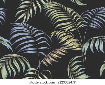 Flying tropical leaves on black background. Tropical seamless pattern.