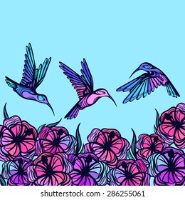 Flying tropical stylized hummingbirds with flowers background.