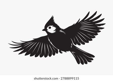 Flying Tufted Titmouse Bird Stencil Stylized High Contrast Vector Illustration