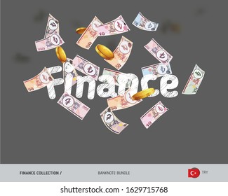 Flying Turkish Lira banknotes set and coins. Isolated on background. Cash of different nominal value. Vector illustration on the topic of finance.