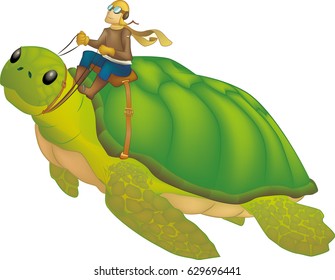 Flying turtle with pilot. Fantasy vector illustration. Layered for easy editing