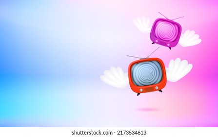 Flying tv with the wings above the stage. 3d vector banner with copy space