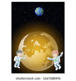 Volando dos astronautas en el espacio de Galaxia cerca de la Luna con la Tierra y las Estrellas en caricatura de fondo