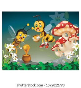 Flying Two Bee With Honey On the Top of Rock And White Flower With Red Mushroom House cartoon