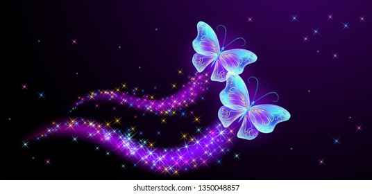 Flying two butterflies with sparkle and blazing trail and glowing stars