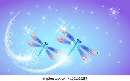 Flying two dragonflies with sparkle and blazing trail and glowing stars