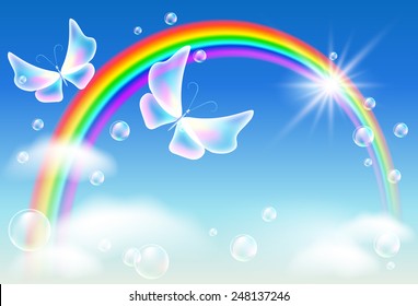 Flying two transparent butterflies in the sky with rainbow and clouds