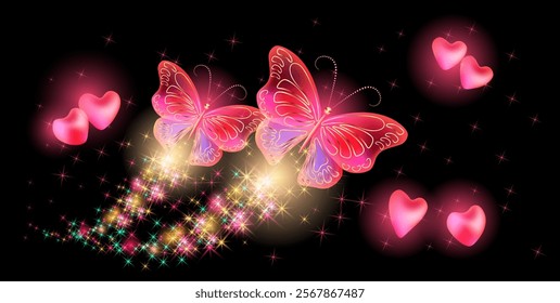 Flying two transparent butterflies with sparkle and blazing trail  with glowing hearts and sparkle stars in cosmic space. Valentine day card design.