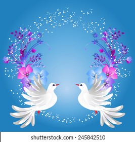 Flying two white doves on blue background with floral ornament