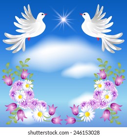 Flying two white doves in the sky and flowers 