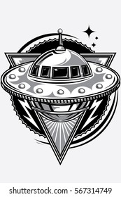 Flying UFO alien spaceship emblem