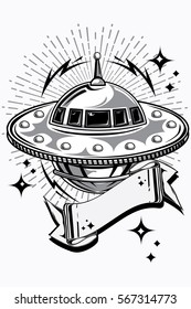 Flying UFO alien spaceship emblem