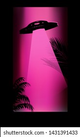 Flying UFO alien spaceship. Vaporwave/ synthwave/ retrowave 80s-90s surreal neon aesthetic style vector stylish retrofuturistic illustration. Print for t-shirt, book, notebook cover.