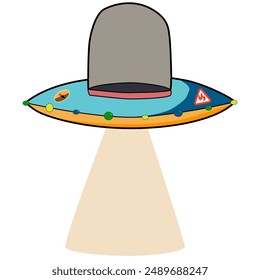 flying ufo cartoon. Cute stylised alien spaceship.