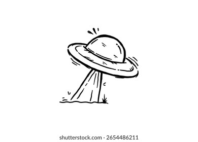 The flying ufo illuminated the land. Hand drawn doodle cartoon vector illustrationa