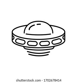 Flying Ufo line icon isolated on white background. Alien space ship. Futuristic unknown flying object. Spaceship vector illustration. World UFO day design.