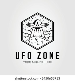 Flying UFO on the space zone line art logo vector illustration design 