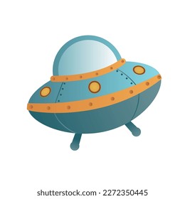 flying ufo on white background. Cute stylised alien spaceship. Colorful bright vector illustration for science, game, business. Sweet glossy plastic element. Creative concept art.
