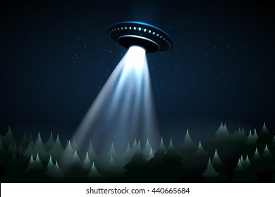 Flying UFO over night forest vector illustration