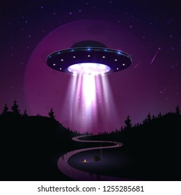 Flying UFO over night landscape vector illustration. Alien invasion of earth. Supernatural spaceship with glow lights hovers over the river