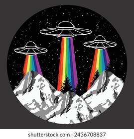 Flying UFO with Rainbow Light Effect Over Starry Sky Mountains Vector Design for Logo, Sticker, and T-Shirt