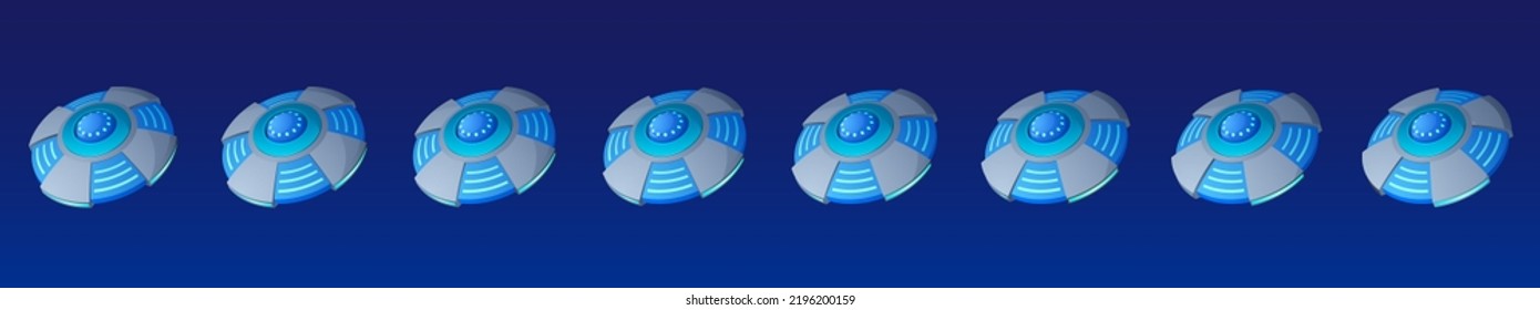 Flying ufo saucer animation sprite sheet effect. Alien spaceship sequence frame, unidentified flying object in shape of disk with glass dome and lights ui graphic design elements, Cartoon vector set