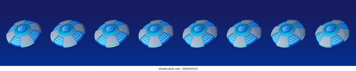 Flying-Ufosaucer-Animation-Sprite-Effekt. Alien Spaceship-Sequenzrahmen, nicht identifiziertes Flugobjekt in Form einer Scheibe mit Glaskuppel und Lichter in grafischen Design-Elementen, Cartoon-Vektorset