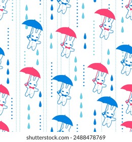 Flying Umbrella Bunny Wet Rainy Adventure Pattern. This seamless design is ideal for use in digital and print media, including textiles, wallpapers, and stationery