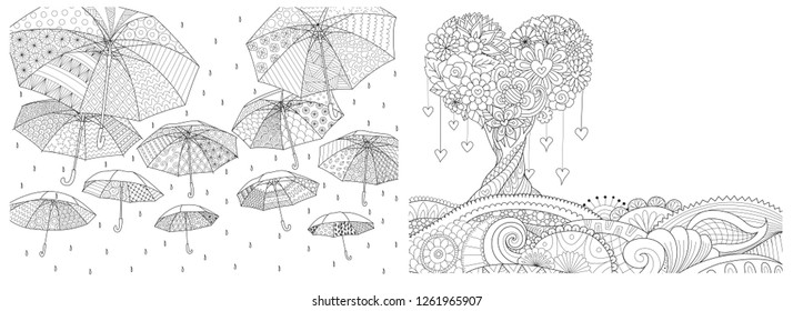 Flying umbrellas during the rain and hearted shape tree on floral ground set, for design element and coloring book,coloring page, colouring picture for anti stress. Vector illustration.