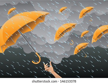Flying umbrellas in the rain. EPS 10 vector, grouped for easy editing. No open shapes or paths.
