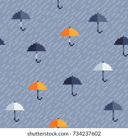 flying umbrellas seamless pattern, autumn mood pixel art style vector illustration