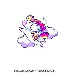 Flying unicorn with bubble tea. Vector hand drawn character illustration