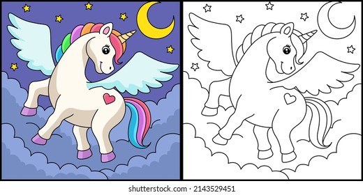 Ilustración coloreada de página de Unicornio volante