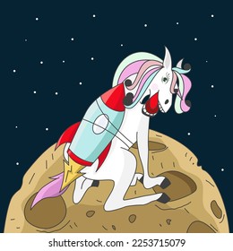 
flying unicorn on rocket like an astronaut to the moon, outer space with stars