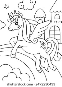 Flying unicorn over a rainbow coloring page illustration