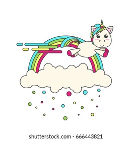 Flying unicorn with a rainbow and cloud with confetti on a white background. Vector flat design for children. Poster print